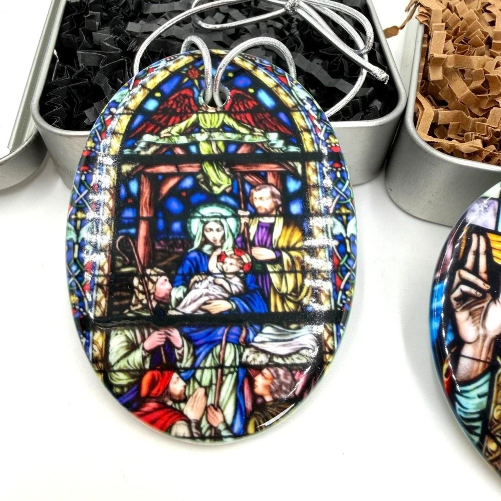 Set of 2 Religious Stained Glass Style Jesus Christ Nativity Ornaments with Tins